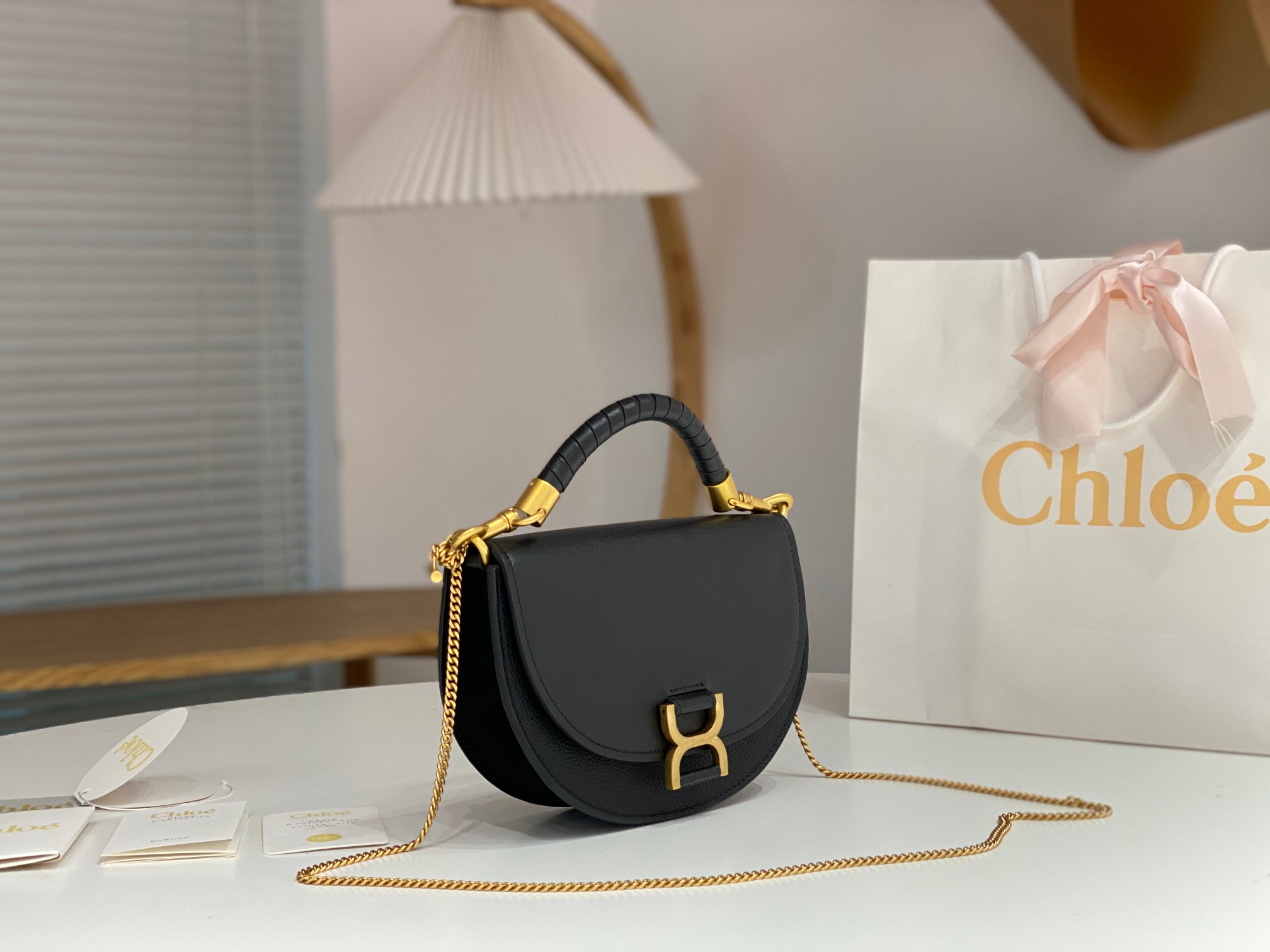 Chloe Marcie Chain Flap Bag In Black Grained Leather